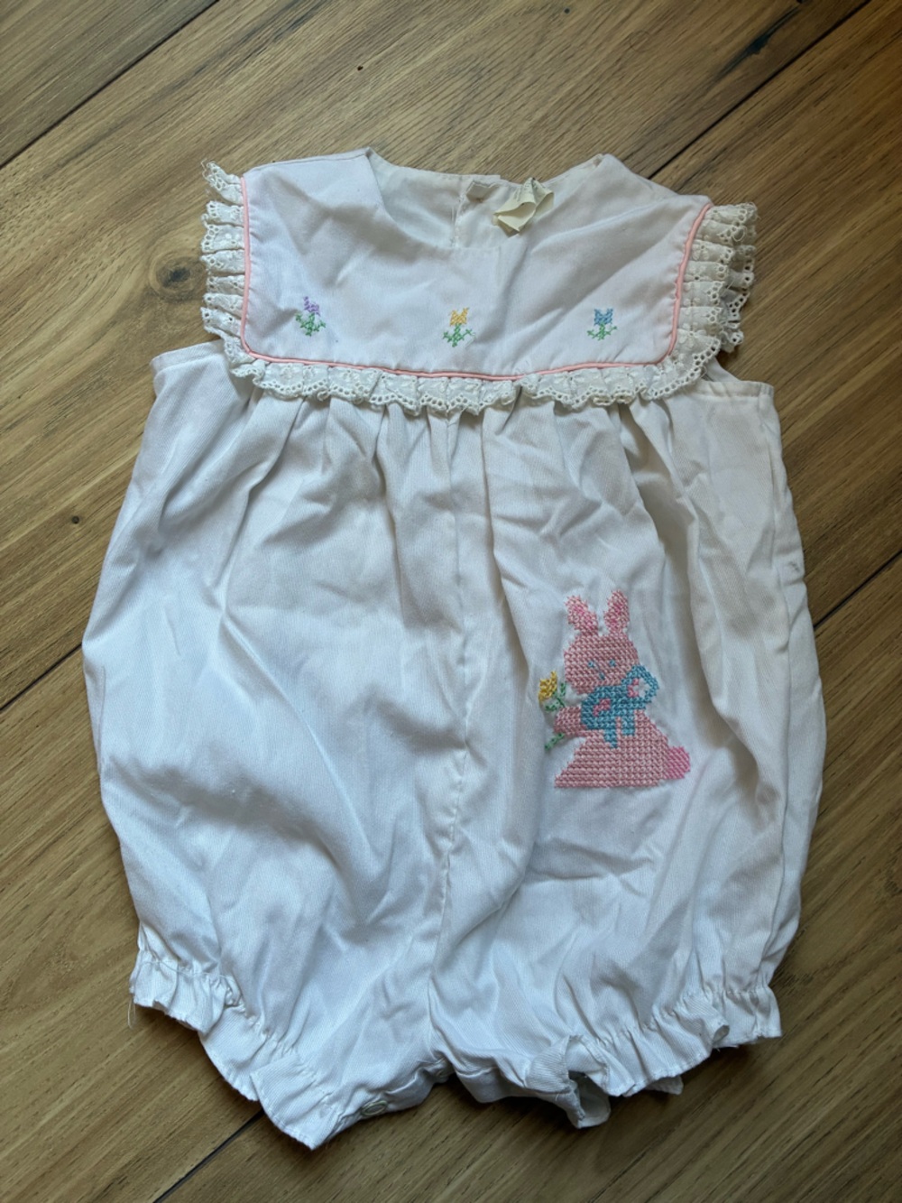 Vintage 90s Classic White Baby One-Piece Romper with Pink Bunny Embroidery